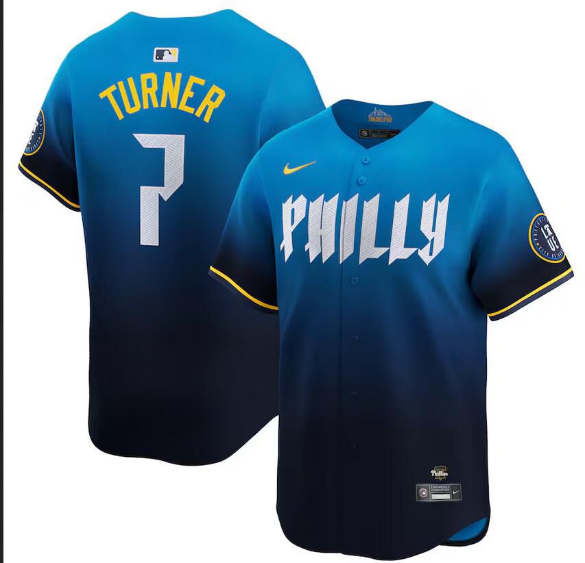 Men Philadelphia Phillies 7 Trea Turner Nike Blue 2024 City Connect Limited Player Jersey
